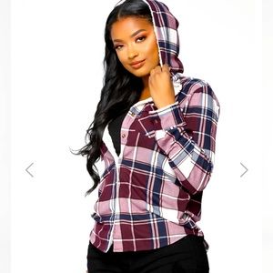 FASHION NOVA PLAID SHERPA TOP PLUM